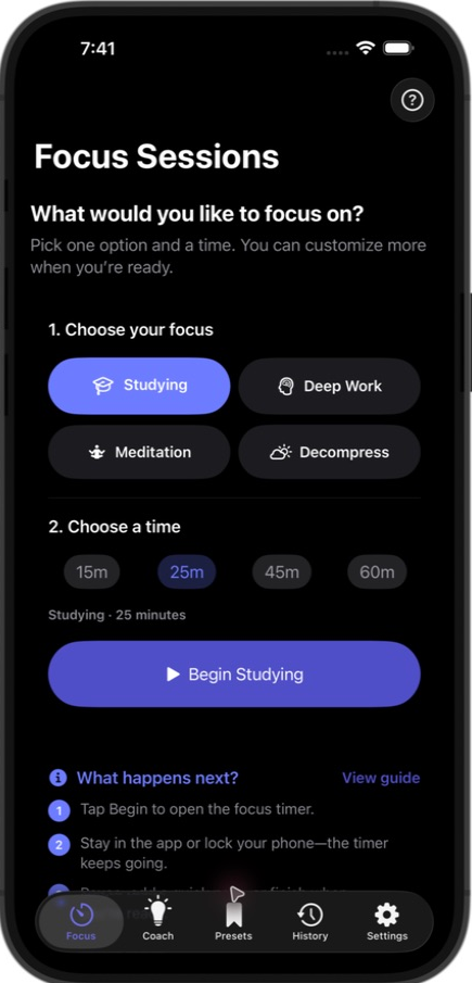 FocusKind app showing session types and timer choices